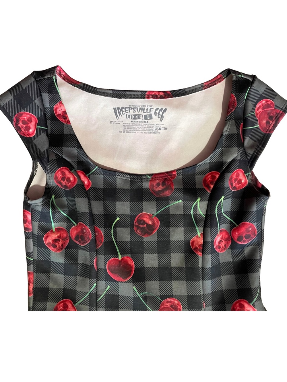 Black Plaid Cherry Cap-Sleeve Top